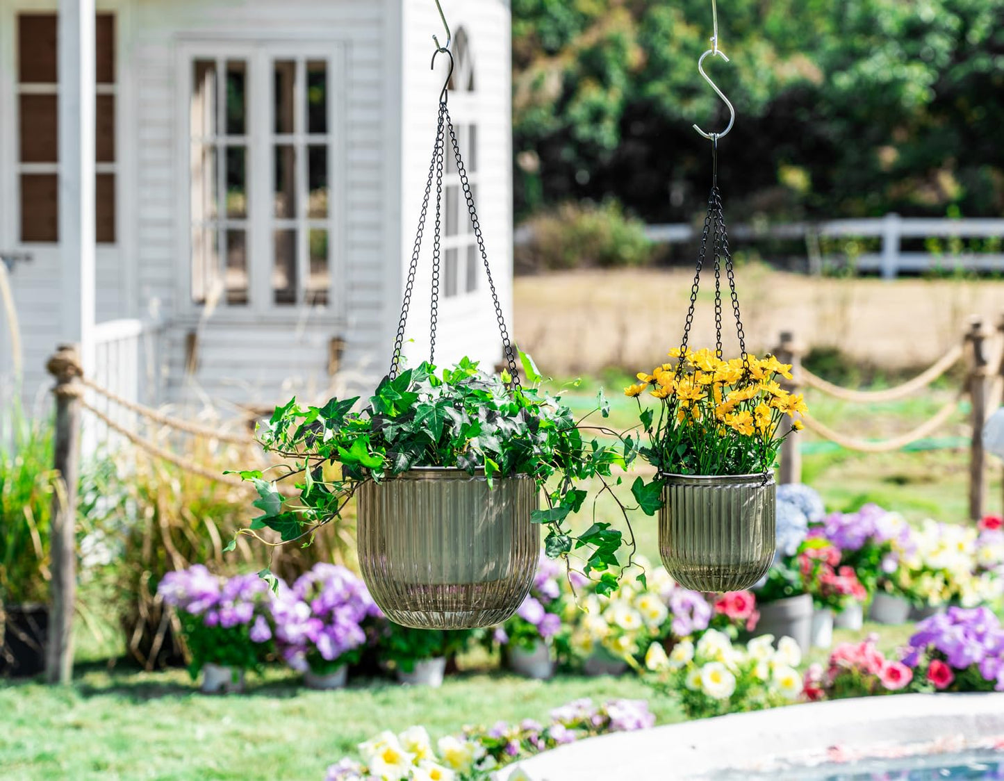 Melphoe 2 Pack Self Watering Hanging Planters Indoor Flower Pots, 5.3/8.3 Inch Outdoor Hanging Basket, Plant Hanger with 3Hooks Drainage Holes for Garden Home (Gray)