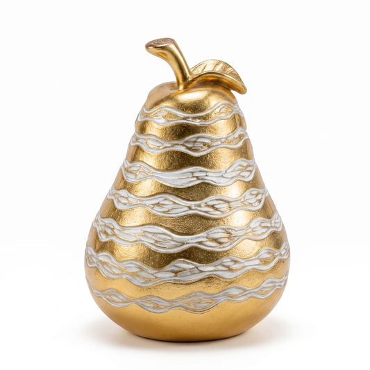 Zhao Xiang Modern Gold & White Pear Figurine - 6" Resin Fruit Statue with Textured Wavy Stripes, Contemporary Kitchen Island, Coffee Table & Shelf Decor Centerpiece