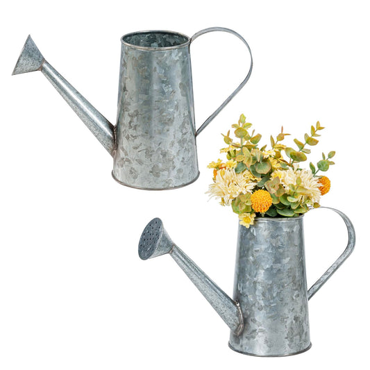 MyGift 5 Inch Small Rustic Galvanized Metal Decorative Vases in Vintage Style Watering Can Design for Dried Flowers and Artificial Plants, Set of 2 - Handcrafted in India
