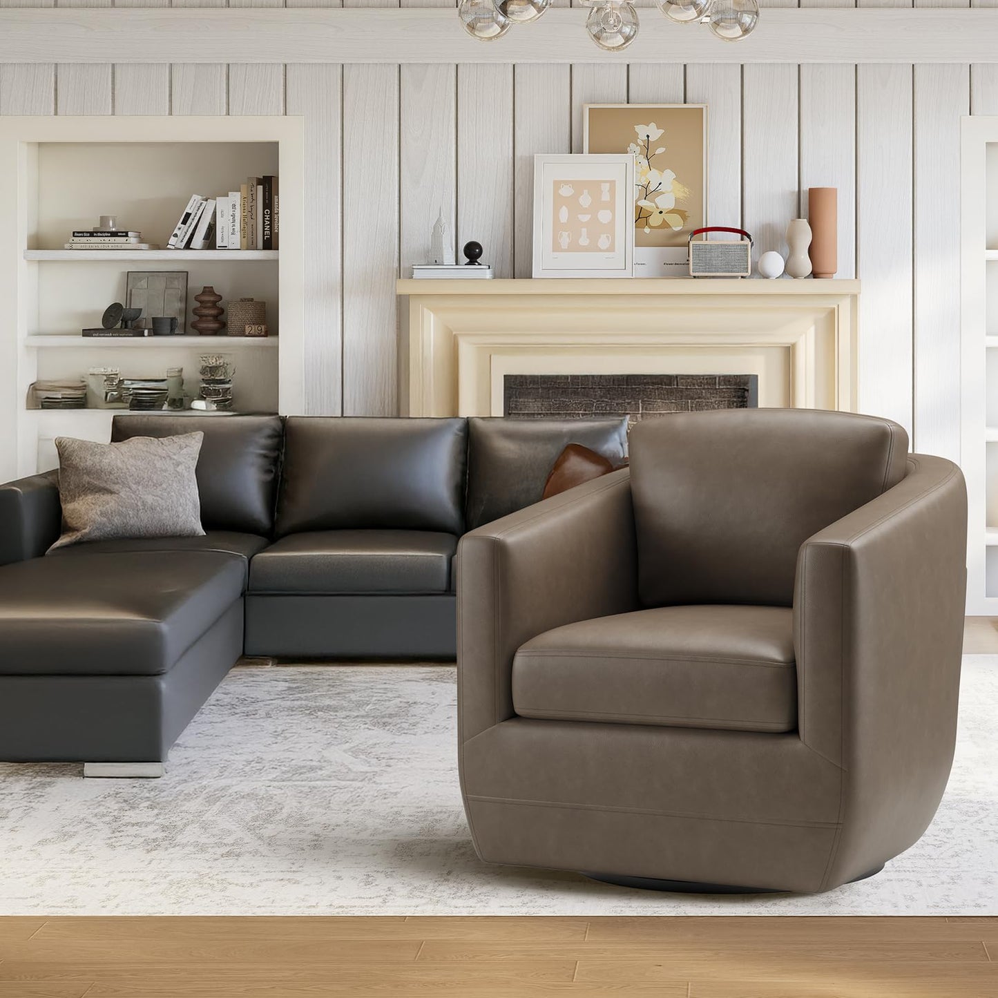 COLAMY 360° Swivel Accent Chair with Pillow, Leather Living Room Armchair No-Sag Foam & Sturdy Metal Base, Fully Assembled Swivel Accent Single Sofa for Bedroom Living Room, Reading Room, Wolf Grey