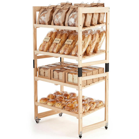 AceOrbit 55" x 30" x 18" 4 Tier Wood Bakery Bread Rack with Angled Shelves Bread Fruit Vegetable Display Shelf Stand for Shop, Pantry, Office, Grocery, Supermarket, Kitchen Organizer