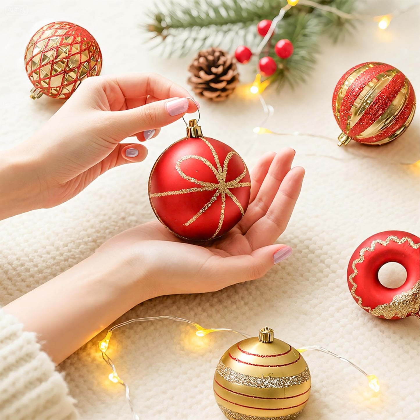SHareconn 70pcs 2025 Classic Christmas Balls Ornaments Set, Shatterproof Plastic Baubles, Ribbon and Tree Topper for Xmas Tree Holiday Wedding Party Decorations with Hanging Strings, Red and Gold