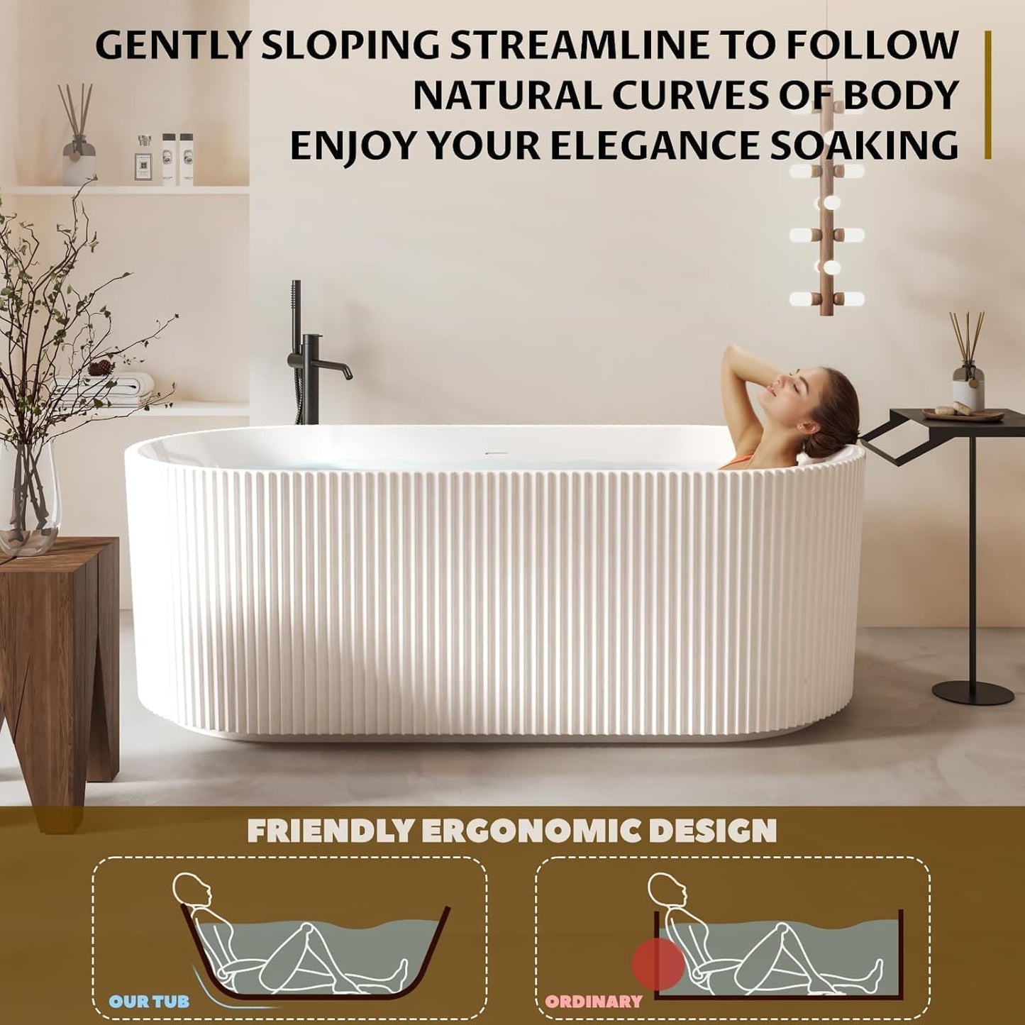 67" Acrylic Freestanding Soaking Bathtub, Matte Drain & Black Overflow, Contemporary Design Tub for Home Bathroom Renovations, Glossy White