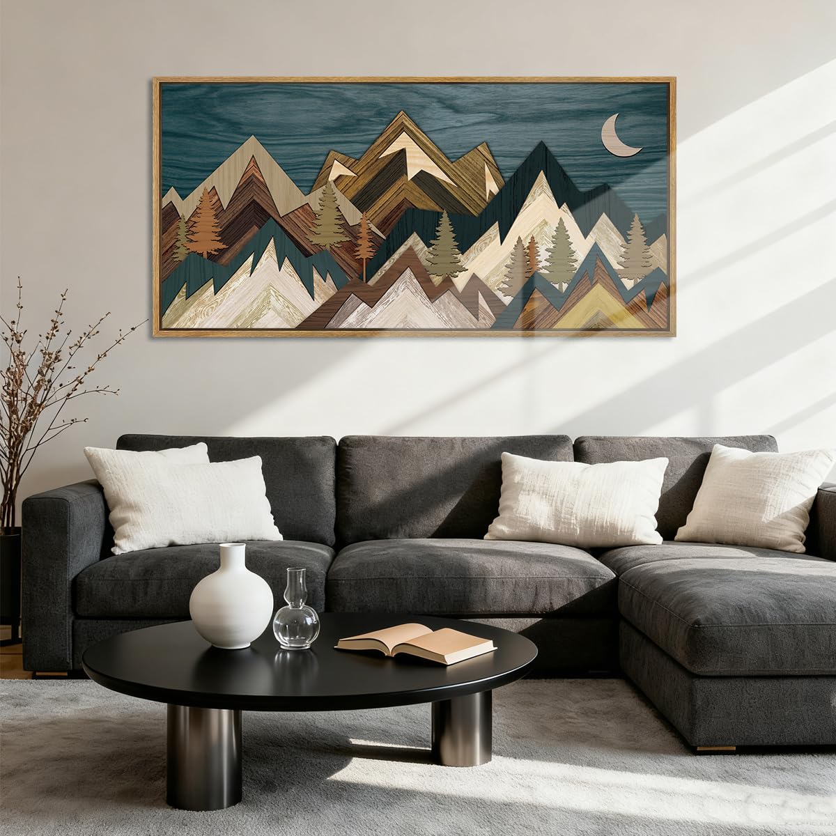 BINCUE Mountain Wall Art Framed Canvas Wall Art Nature Forest Wall Decor Rustic Farmhouse Wall Painting Moon Art for Living Room Bedroom Dining Room Large Size 20"x40"