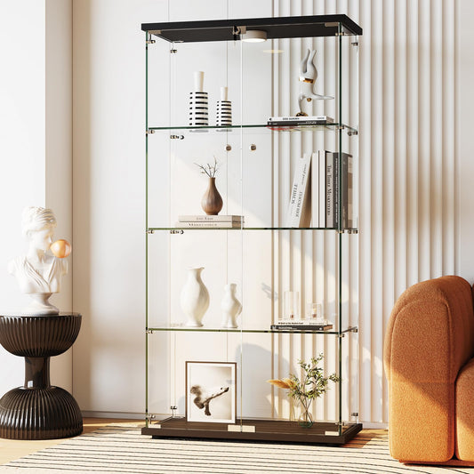 IDEALHOUSE Tempered Glass Display Cabinet with LED Light, 4 Shelves Lockable Curio Showcase, Double Doors Storage Cabinet for Living Room Bedroom Office, Black (64x31.7x14.3 in)