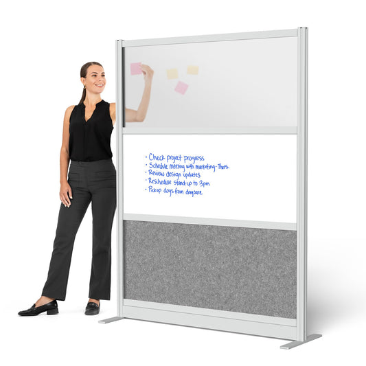 Stand Up Desk Store Workflow Wide Modular Wall | 53'' x 70'' Wall | Expandable Partition Room Divider with Rearrangeable Frosted Acrylic, Sound Absorbent and Whiteboard Panels (Silver Frame)