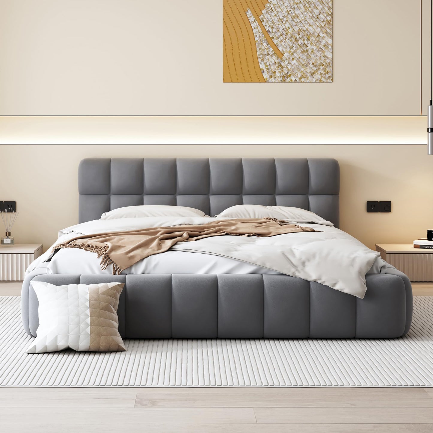 Merax Modern Tufted Platform Bed Queen Linen Floor Bed Frame with Headboard No Box Spring Needed Gray