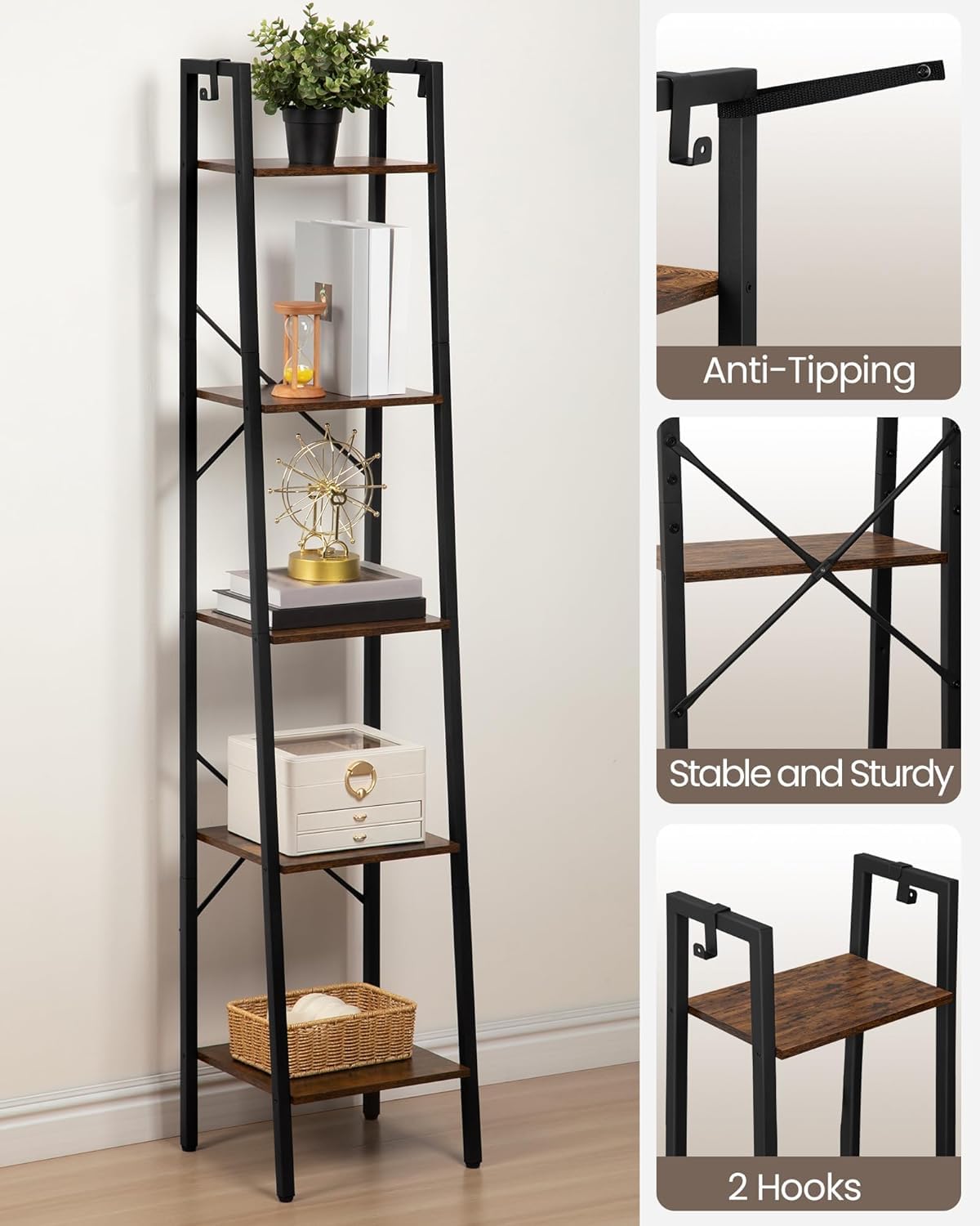 Hzuaneri Ladder Shelf, Bookshelf Bookcase, Freestanding Corner Storage Shelve with 2 Hooks for Home Office, Living Room, Kitchen, Bedroom, Industrial, 11.8" D x 13.4" W x 63" H, Rustic Brown BC03201B