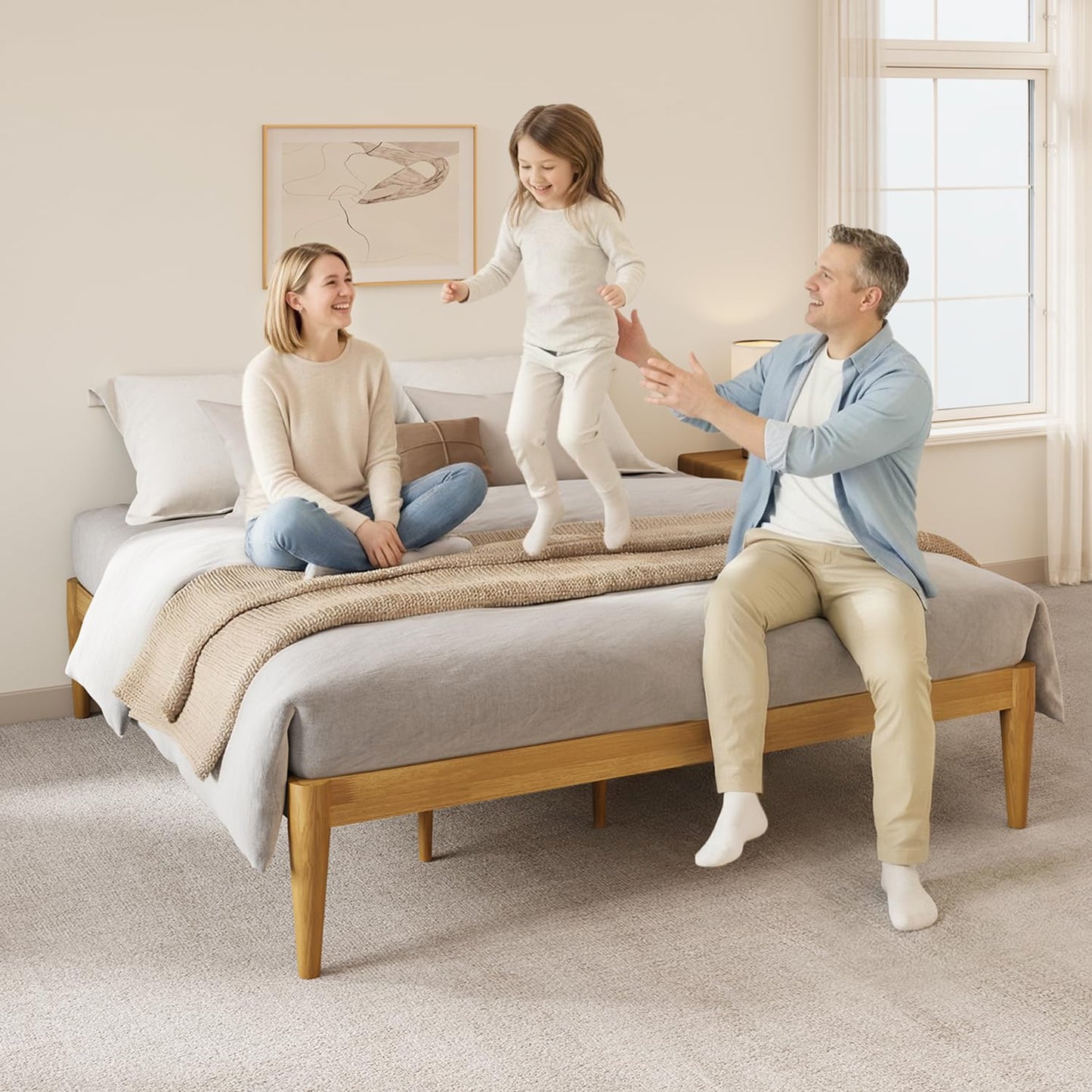 IOTXY King Platform Bed Frame - Solid Wood 16-Inch Height Mattress Foundation Base with Densely Slats and Heavy-Duty Support Legs, No Box Spring Needed, Oak