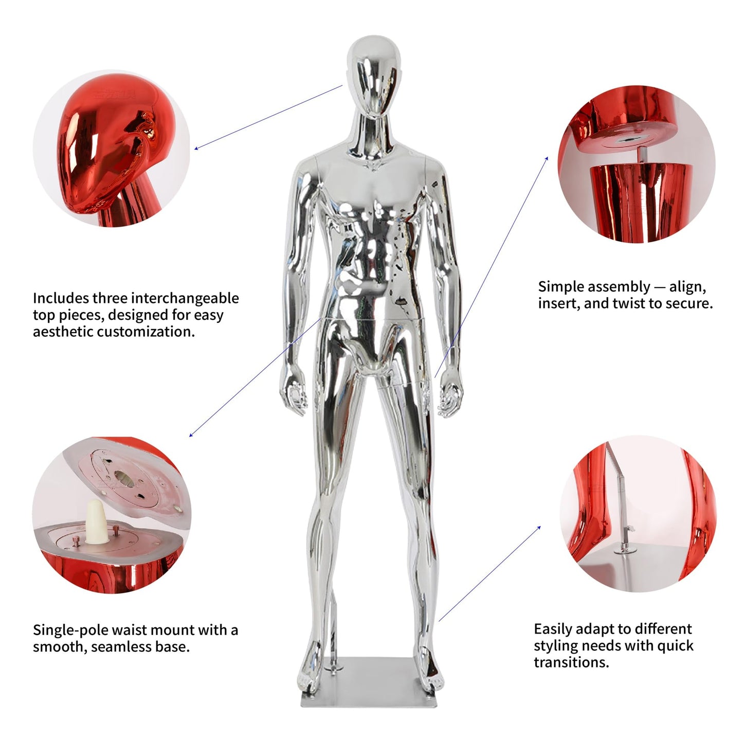 Full Body Male Mannequin with Chrome Metallic Finish, Fiberglass Abstract Dress Form with Posable Head, Futuristic Retail Display Dummy with Metal Base for Men's Fashion Window(Chrome Silver)