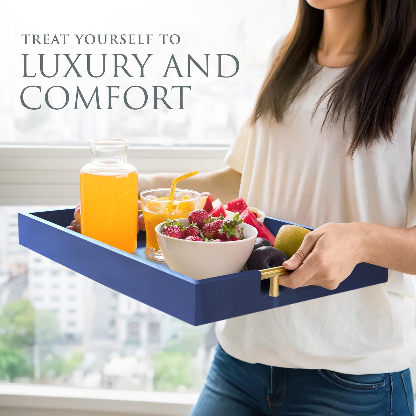 Wood Serving Tray with Gold Polished Metal Handles, Home Decorative Wooden Rectangle Ottoman Decor Platter Bathroom Vanity Tray for All Occasions Gloss Finish, 16"x12", Navy Blue