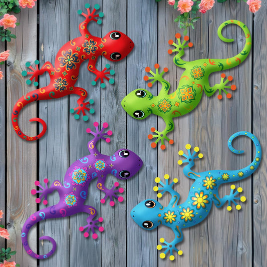 Liosecgar 4 Pcs Metal Gecko Outdoor Decorations - Metal Wall Art Hanging Sculpture Decoration for Garden Yard Fence Porch Exterior Wall Decor