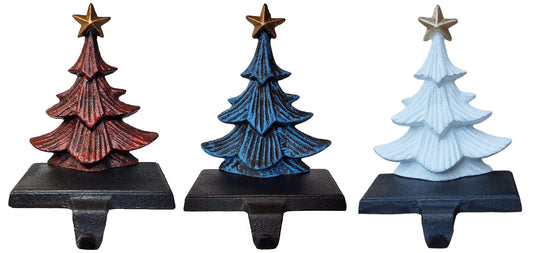 Lulu Decor, Cast Iron Christmas Trees in American Flag Colors Stocking Holder, Sold in Set of 3 Trees in Metallic Red, Blue & White Finish, Heavy, Sturdy Stocking Hooks Hangers for Holiday Decoration