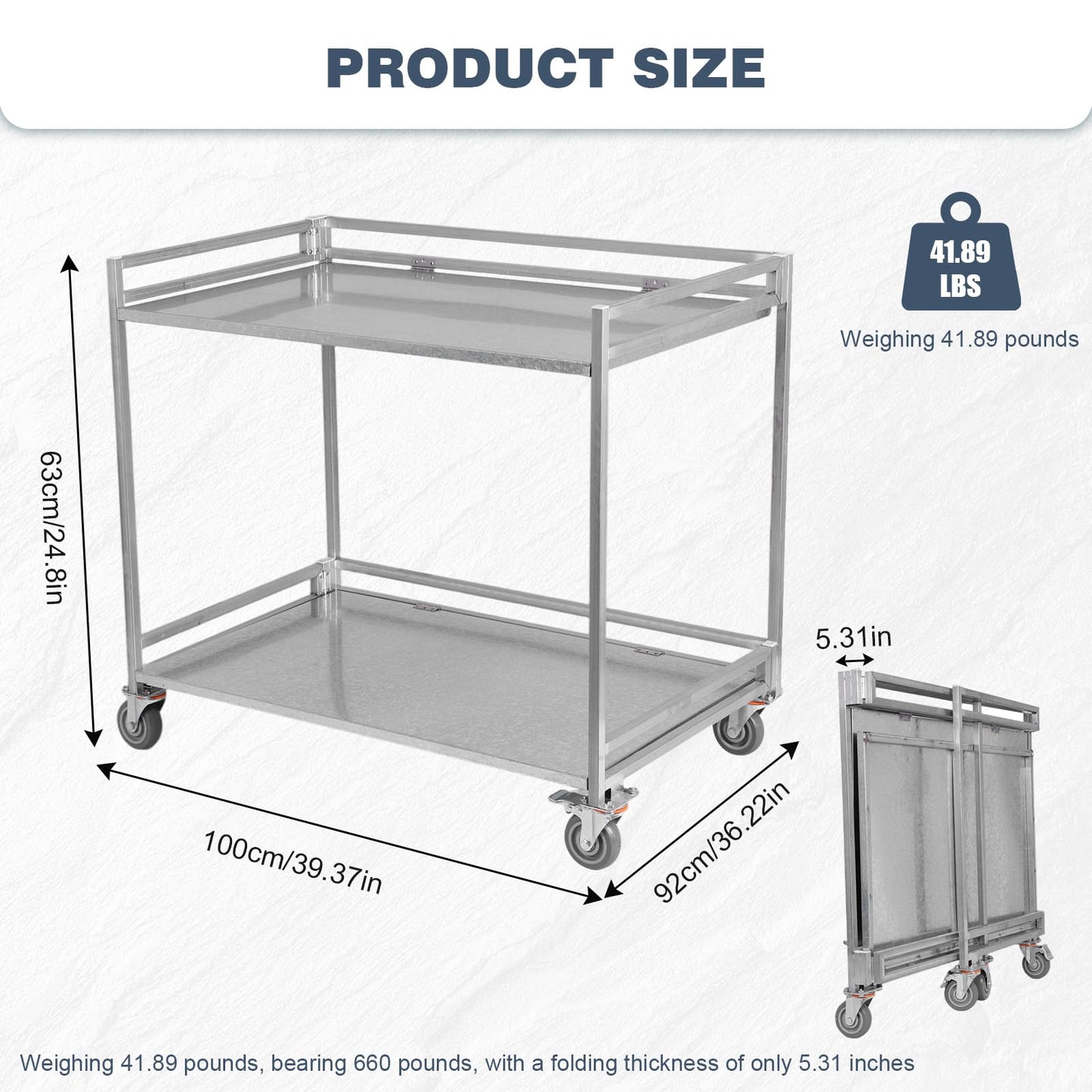 Metal Cart on Wheels 660 lbs Capacity, 2‑Shelf Folding Stainless Steel Cart with Handle, Metal Rolling Cart with Wheels, Rolling Metal Cart for Warehouse Garage Home – 39"x36"