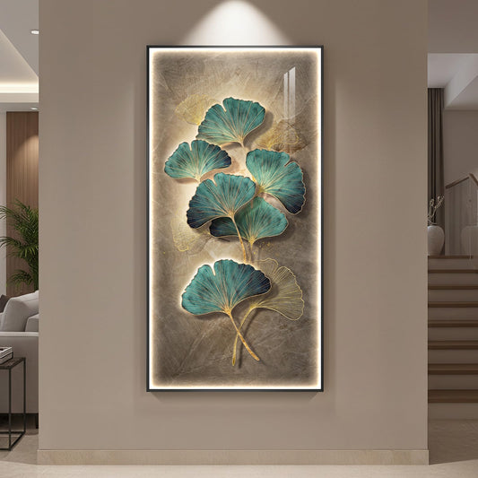 Large Framed LED Ginkgo Wall Art Decor for Living Room, Vertical Lighted Modern Minimalist Green Botanical Artwork for Walls, Luxury Backlit Wall Decor for Hallway, Entryway, Dining Room, Home Office