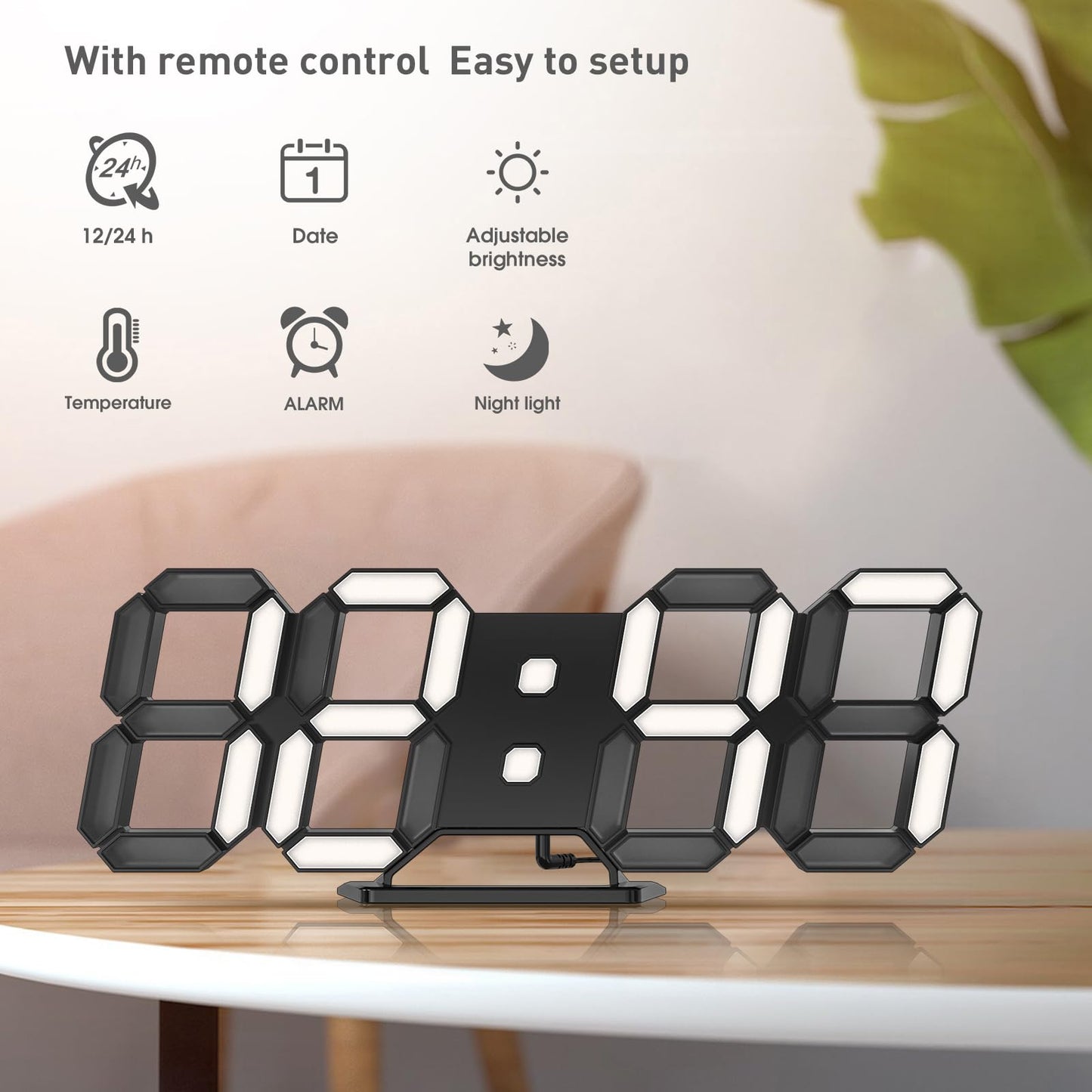 EDUP HOME 3D LED Clock Desk Alarm Clock Wall Clock with Remote Control, 9.7" LED Electronic Clocks, Snooze Model, Temperature, Night Light Auto/Custom Brightness