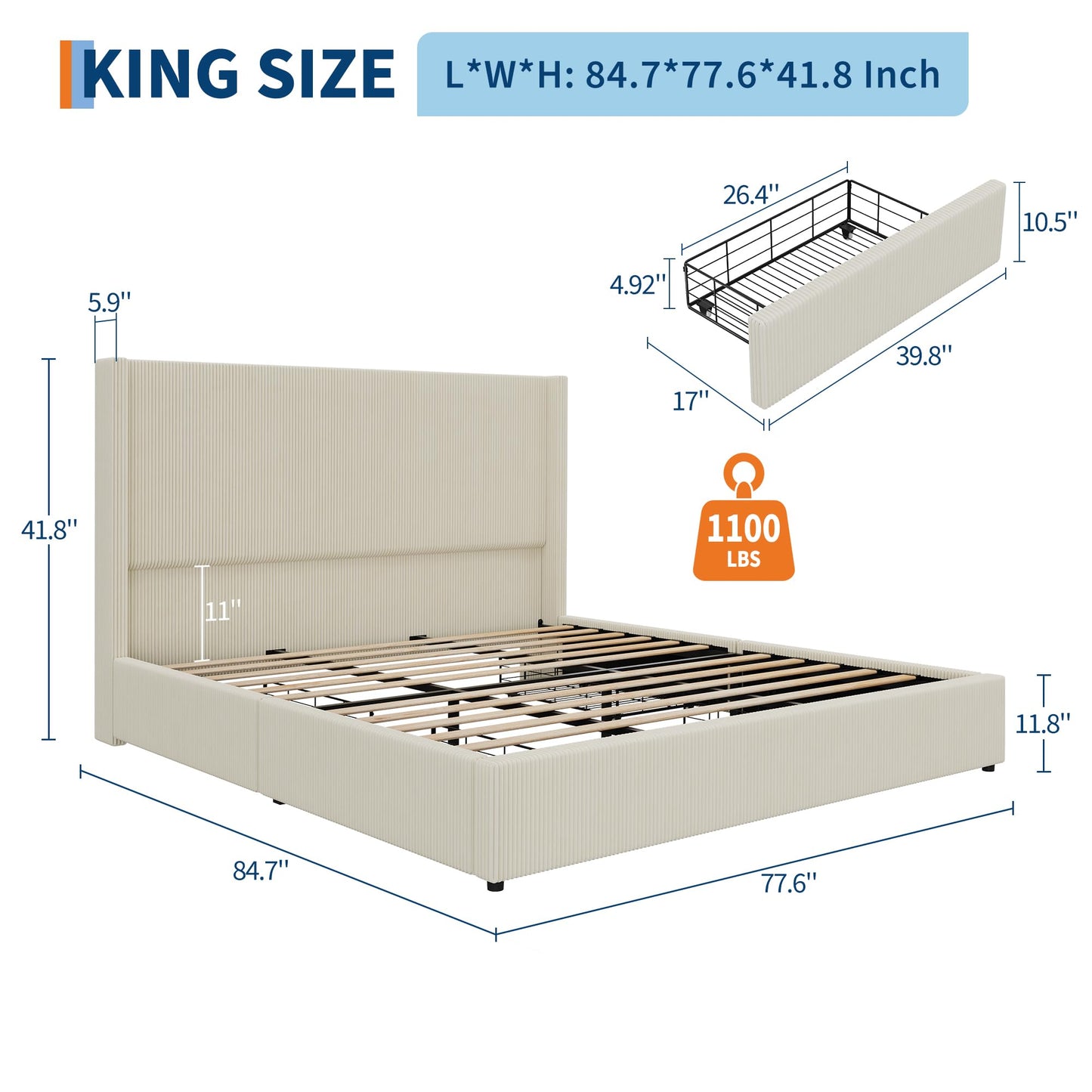 IDEALHOUSE King Size Bed Frame with Storage Drawers, Corduroy Upholstered Platform Bedframe with Wingback, Headboard and Footboard, No Box Spring Needed, Beige