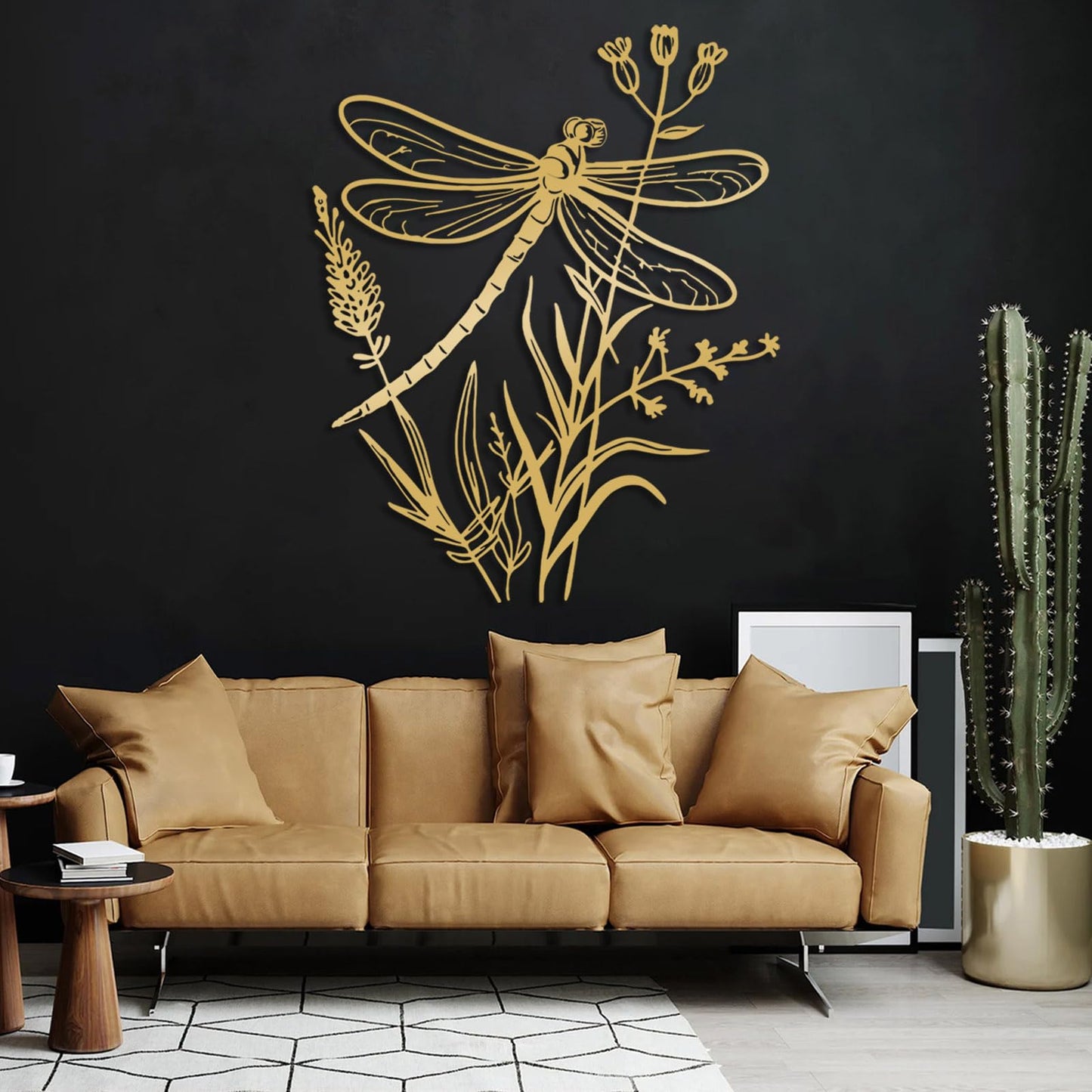 Dragonfly Metal Wall Art, Dragonfly and Flower Metal Wall Decor, Insects Wall Art, Large Dragonflies Wall Hanging, Wild Flower Wall Sculpture, Rustic Farmhouse Decorations (Black, 30"x24"/76x61cm)