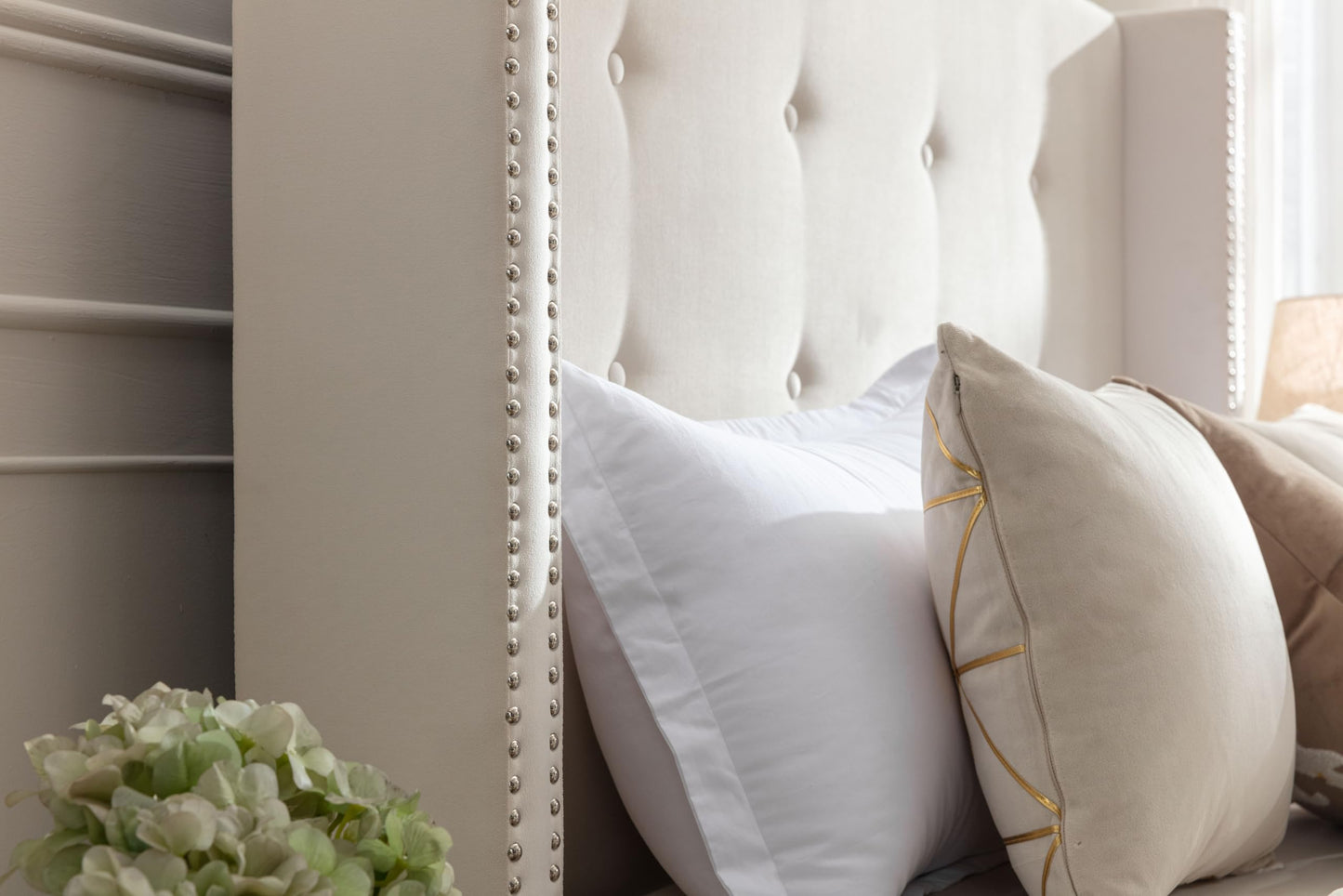 GDFStudio Tall Headboard Upholstered Bed,Queen Size Platform Bed Frame with Headboard Nailhead Trim Wingback,54" High No Box Spring Needed Easy Assembly Traditional Hand Buttoned Tufting Ivory Velvet