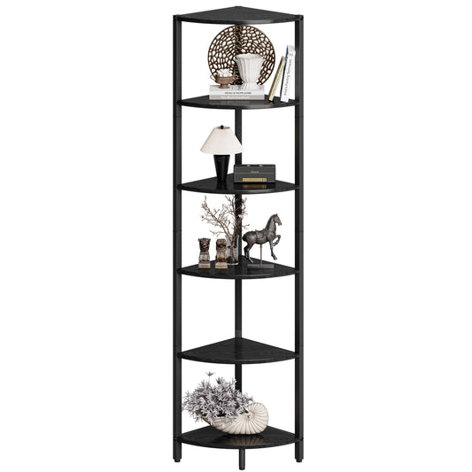 6 Tier Corner Shelf 63.1" Tall Corner Shelves stand Ladder shelf metal Standing Bookshelf Organizer Display Rack Bookcase Plant Stand Industrial for Living Room Bedroom Black Wood grain CS-001B3