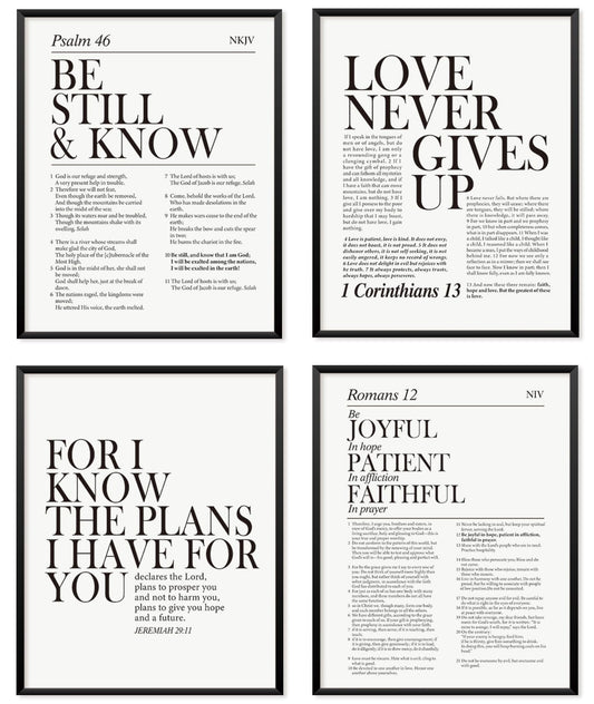 Locomiss Black and White Christian Wall Art Decor, Modern Bible Verse Prints, Minimalist Jesus Scripture Wall Decor, Inspirational Bible Posters for Bedroom Office Living Room, Set of 4 (8x10 Unframed)