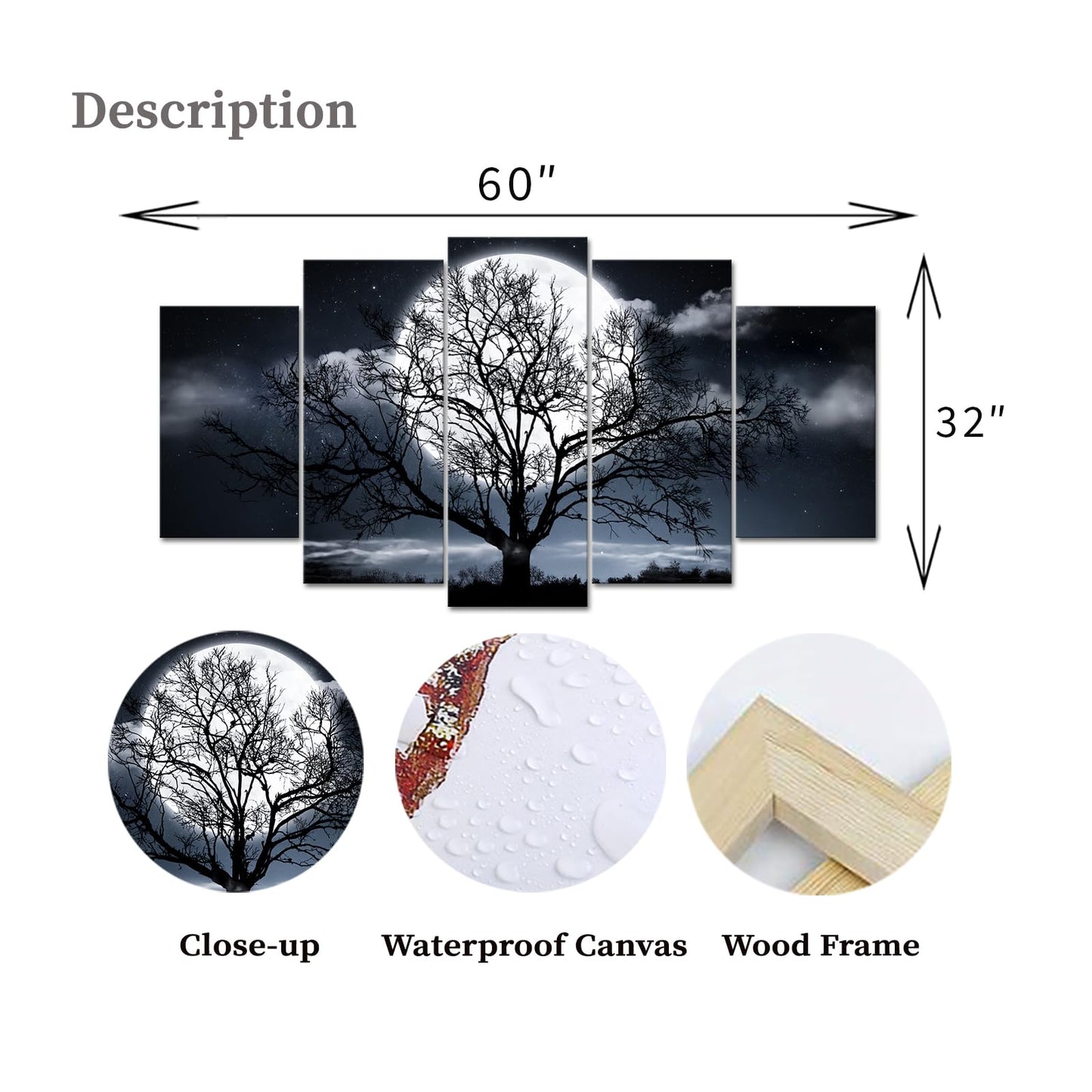 Artmyharbor Moon Night Canvas 5 Panel Wall Art Black and White Tree Silhouette Picture Modern Nature Wall Decor for Living Room