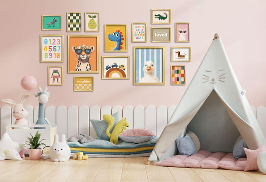 16 PCS Framed Kids Wall Art Decor, Baby Girl & Boy Nursery Decor, Toddler Room Bedroom Playroom Decor, Cute Colorful Animal Eclectic Gallery Wall Prints