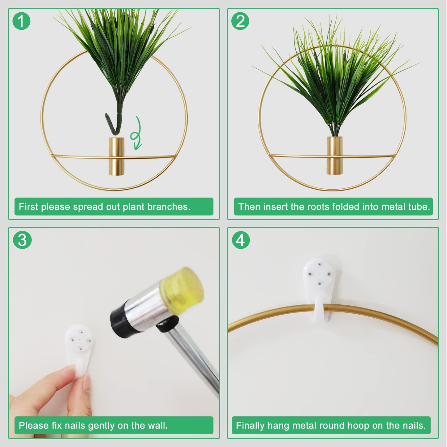 SAJANDAS Set of 2 Artificial Plants with Gold Metal Round Hanging Hoop for Wall Decor, Wall-Mounted Green Fake Plants in Metal Hoop for Modern Home Decor, Gold Wall Decor for Bedroom, Living Room