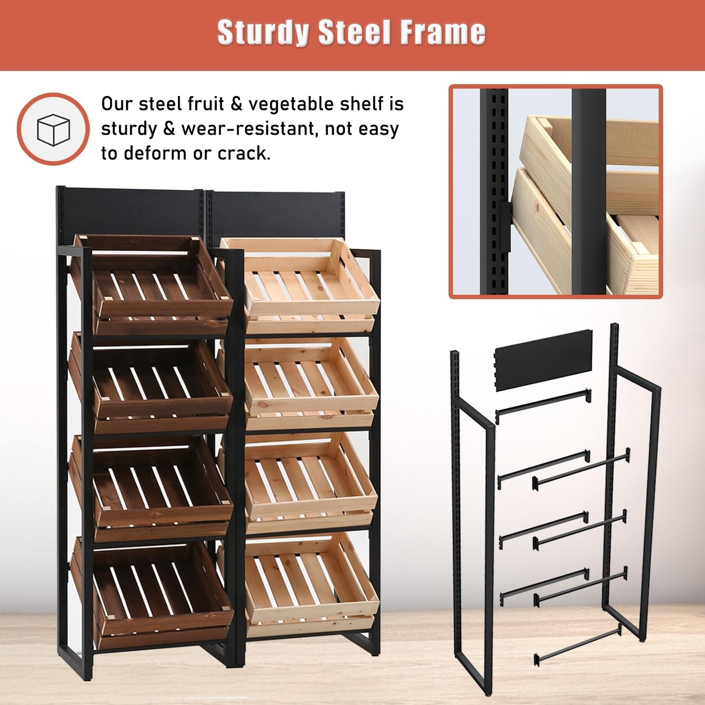 Rolling Kitchen Organizer Cart - Storage Rack with Wire Baskets.4-Tier Fruit & Vegetable Display Stand - Wooden Basket Market Shelf for Retail & Pantry - Large Capacity Snack Organizer for G
