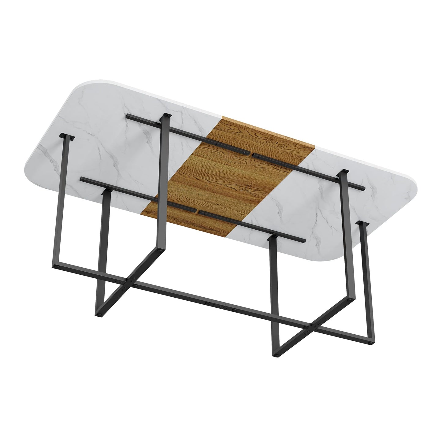 KEIKI 79" Dining Table Set for 8, Rectangular Kitchen Table Set with White Faux Marble & Wood Grain Top, Modern Dining Room Set with 8 White Faux Leather Chairs, Large Family Dining Table Furniture