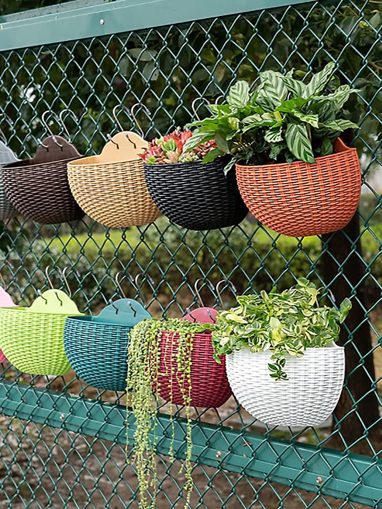 Hanging Planter Pot, Wall and Railing Hanging Planters with S Hooks, Half Round Imitation Rattan European Style Wall Flowerpot Rustic Decorative Flower Basket for Home Balcony(#2pcs 26 * 20cm Khaki)