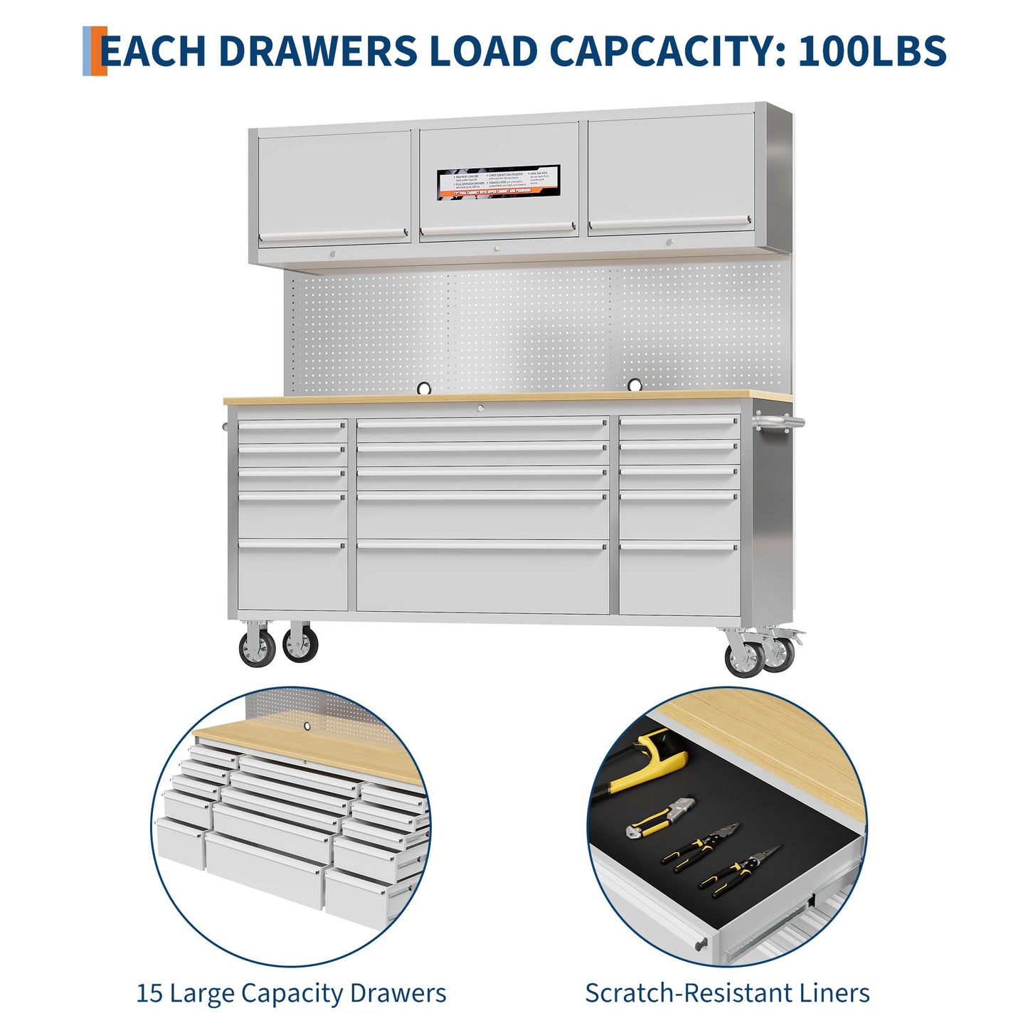 IDEALHOUSE 72 inch Rolling Tool Chest, Garage Workbench with 15 Drawers, Solid Rubber Wood Top & with Wheels Lock Key Locking, Mobile Workstation Tool Cabinet for Workshop Storage
