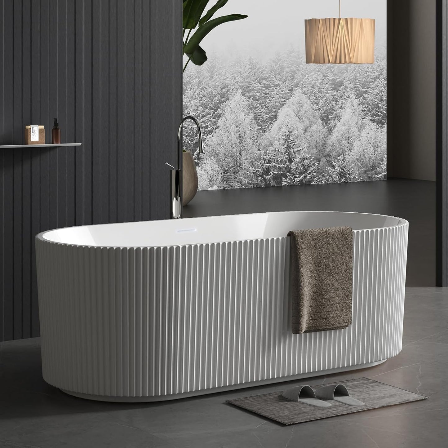 Garvee 59" Acrylic Freestanding Bathtub, Modern Soaking Tub with Matte Drain and Black Overflow, Stripe White, Deep Ergonomic Design, Double-Walled Insulation, cUPC Certified Bath Tub