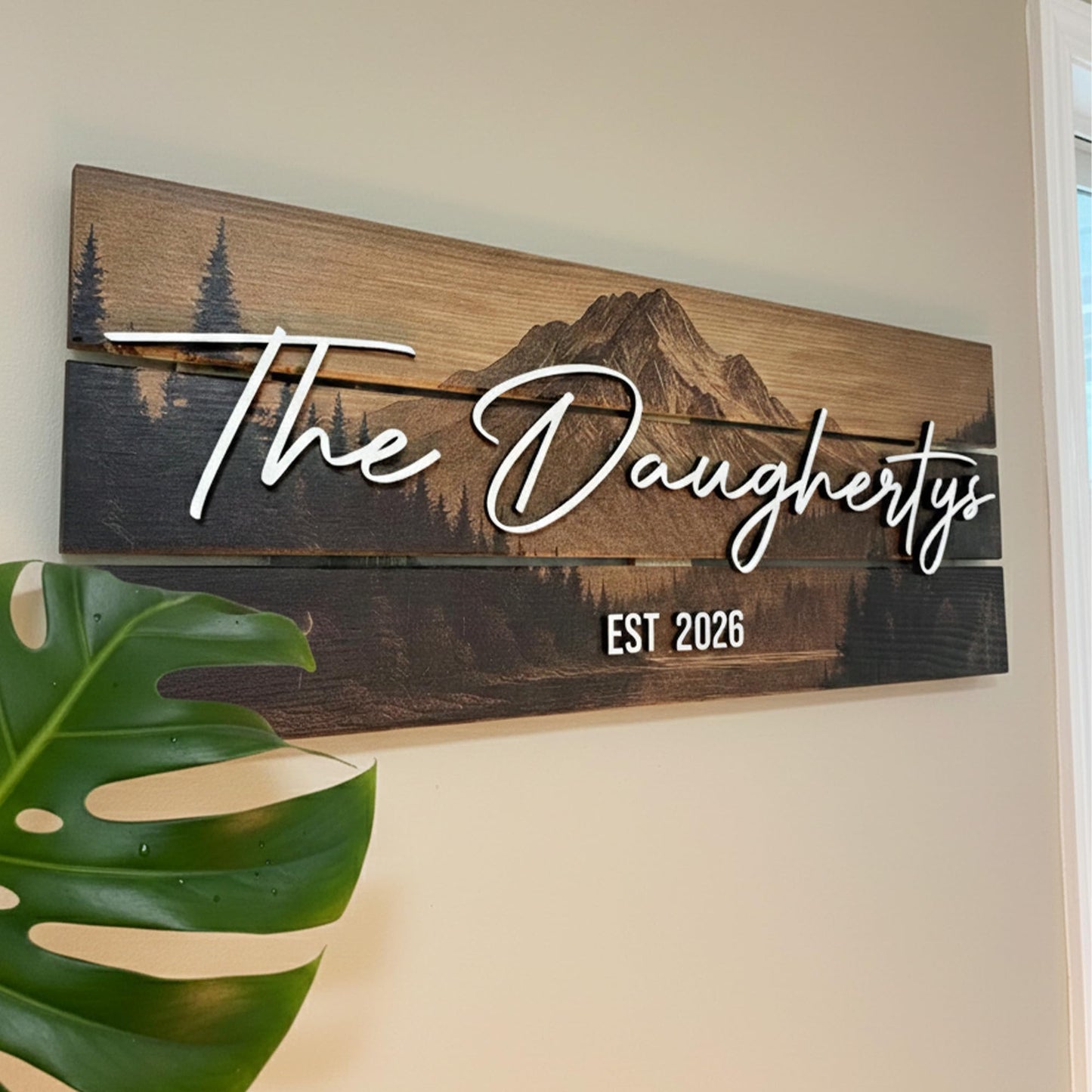 Custom Mountain Family Name Sign - Rustic Wood Wall Decor, Personalized Wedding & Gift for Couples Anniversary, Housewarming Gift for New Home 23x10" (Standard Size)