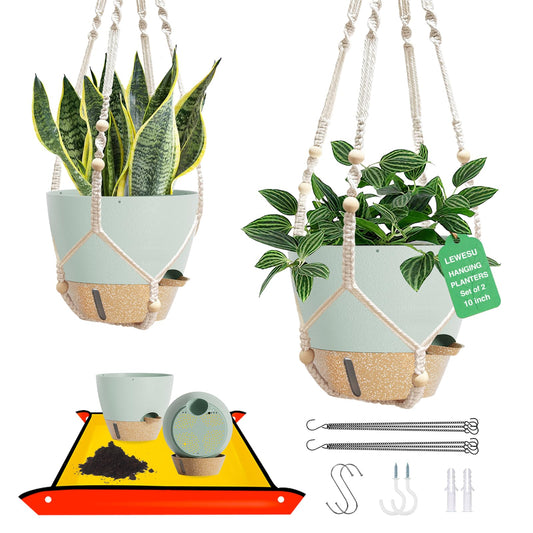 LEWESU Set of 2 Hanging Planters for Indoor Plants with Self Watering Includes Hanging Pots and 2 Types Plant Hangers, Outdoor Hanging Baskets Holder for Home Garden, 10 Inch Sage Green