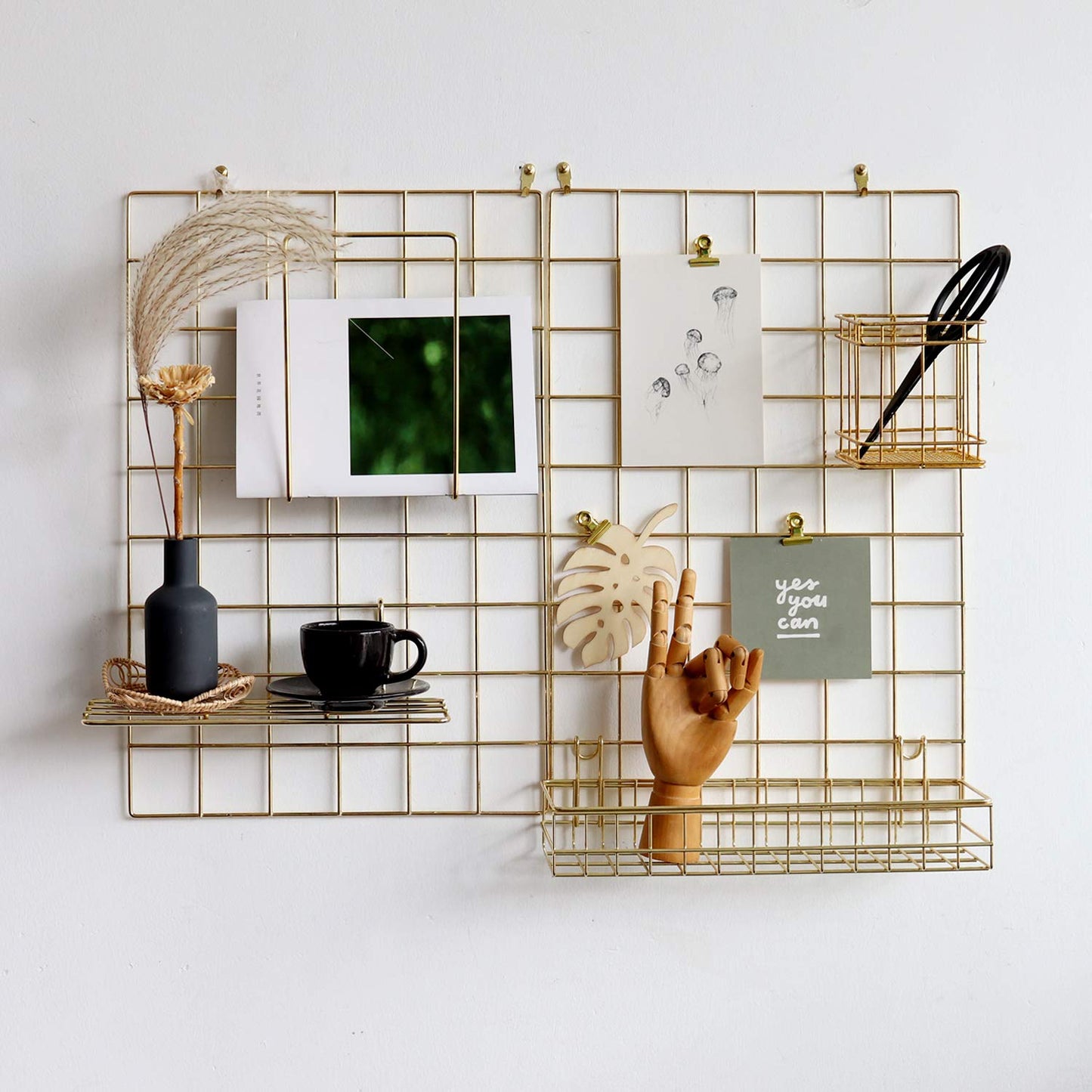 FRIADE Wall Grid Panel for Photo Display,Wall Storage Organizer,5 Metal Clips & 3 S Hooks & 4 Nails & 4 Plastic Hanging Buckles and 4 Screws Offered,Size 17.5" x 11.8",2 Pack(Gold)