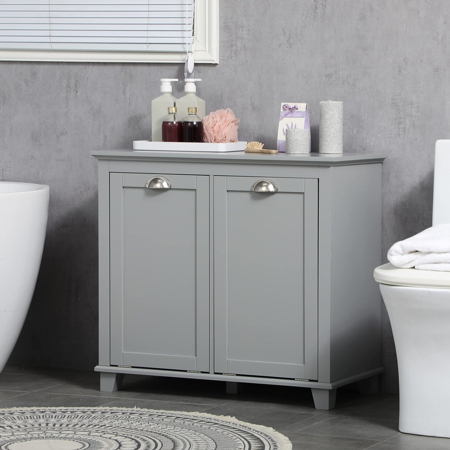 Tilt-Out Laundry Sorter Cabinet, Gray - Bathroom Floor Cabinet, Two-Compartment Hamper Organizer