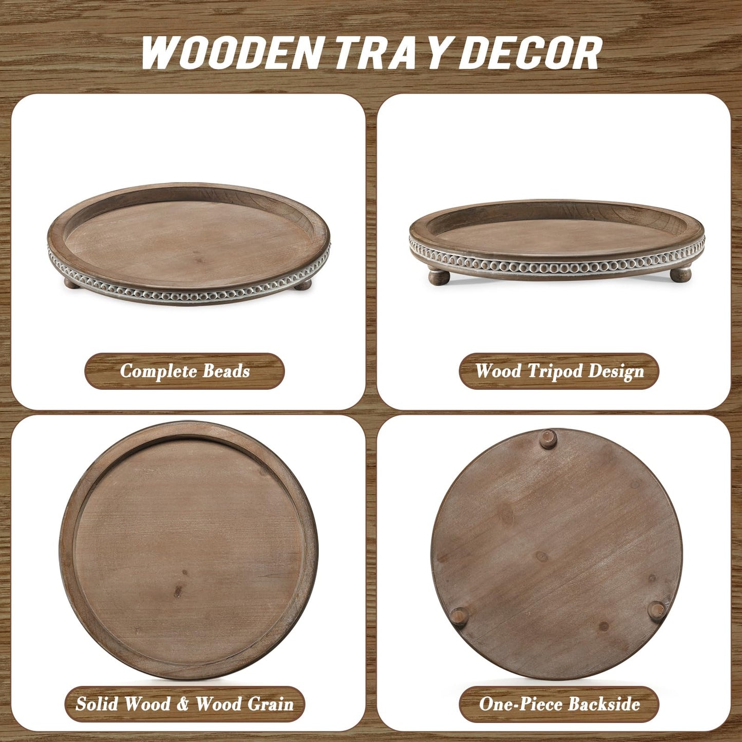 Handmade 12 Inch Decorative Tray, Small Beaded Tray Coffee Table Decor, Warm Brown Round Wooden Tray for Coffee Table, Dining Room Table Entryway and Living Room Table
