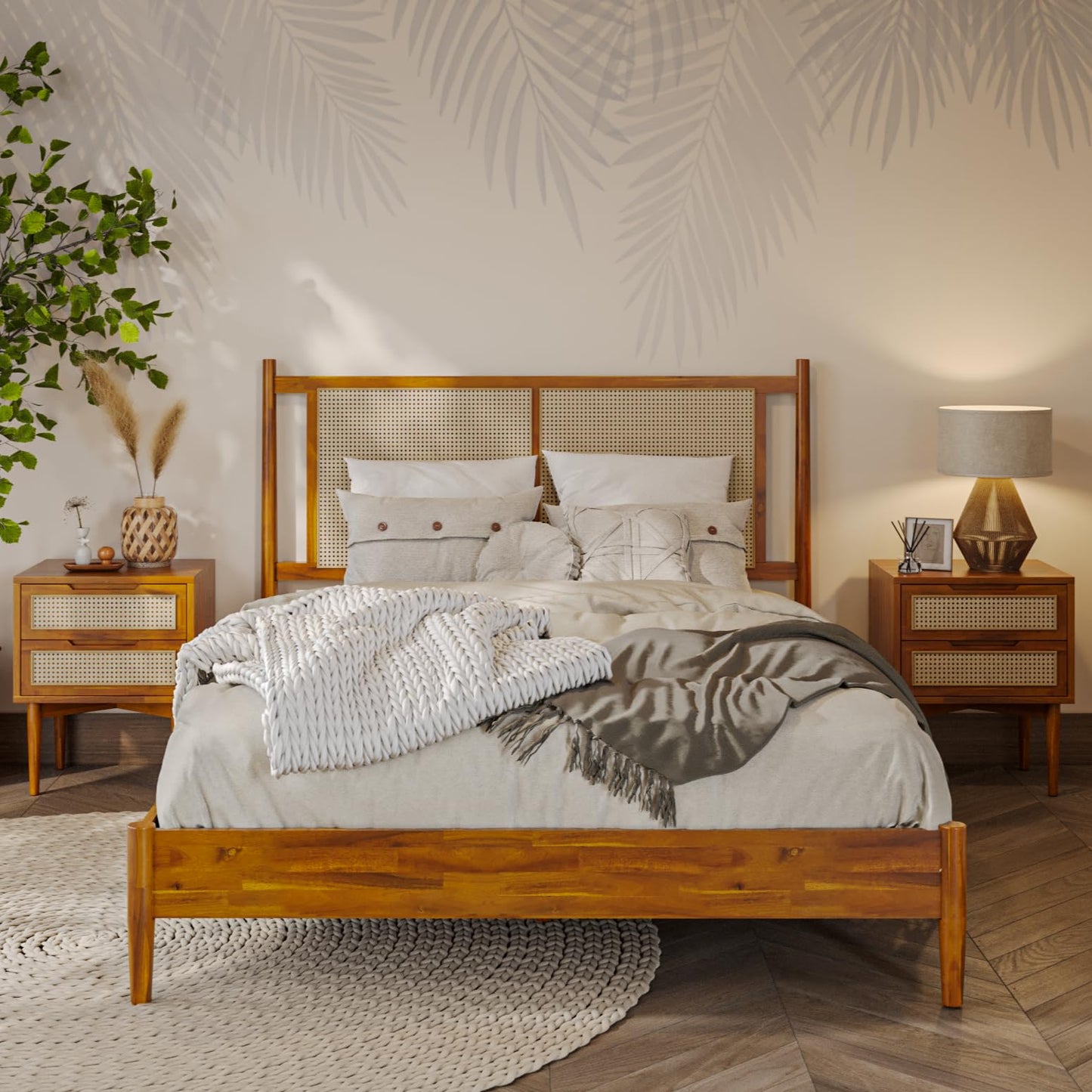 Bme Oliver Headboard Queen Size Bed Frame - 15-Inch Signature Design with Rattan Headboard, Bohemian and Mid Century Style, 12-Slat Wood Support, No Box Spring Needed - Easy Assembly, Caramel