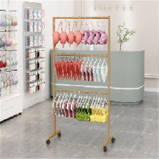 Metal Lingerie Bra Rack Swimsuit Organizer Hanger, Anti-Slip, Underwear Mobile Display Stand with Wheels, Commercial Clothing Store Shelf, for Shorts,Hats, Sock, 3 Tier(Gold,120 * 40 * 135cm)