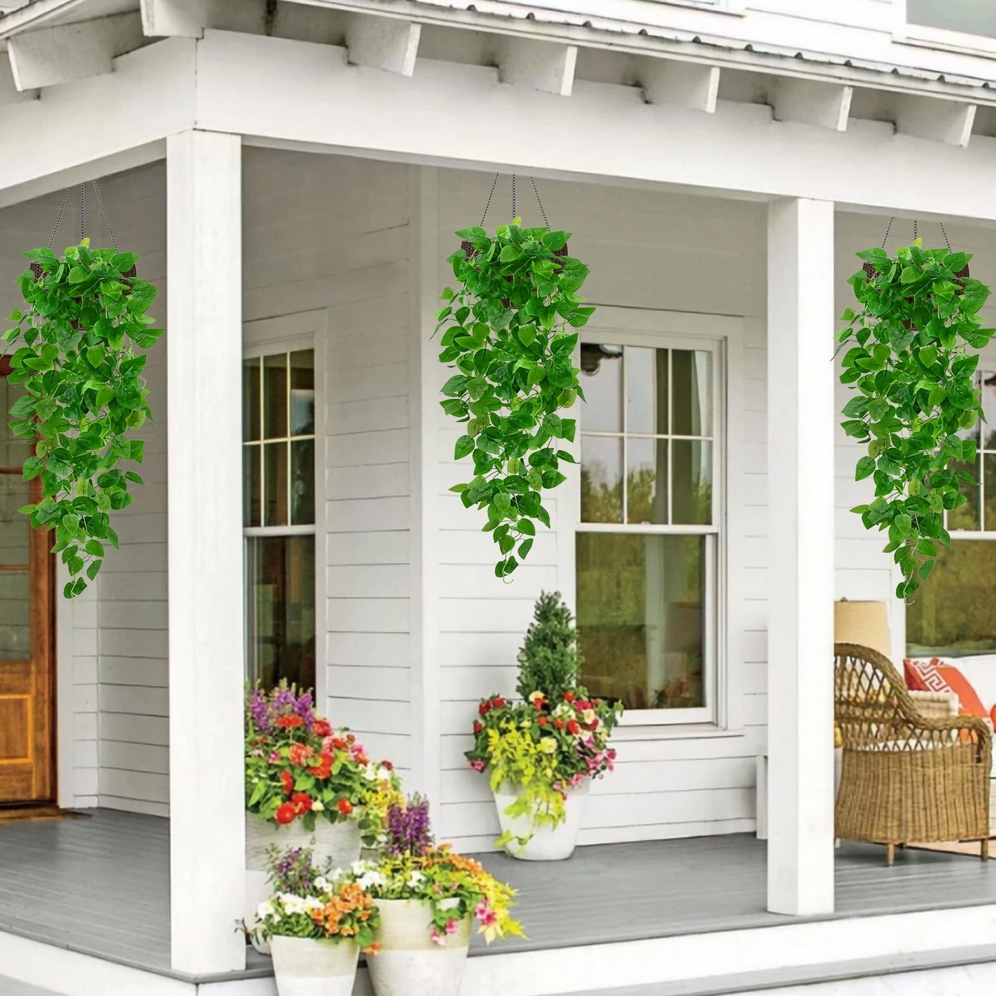 BLEUM CADE 4Pcs Fake Hanging Plants, 9 Branch Artificial Hanging Plant, Lush Faux Pothos Vines for Home Room Wall Shelf Porch Outdoor Indoor Decor (No Baskets)