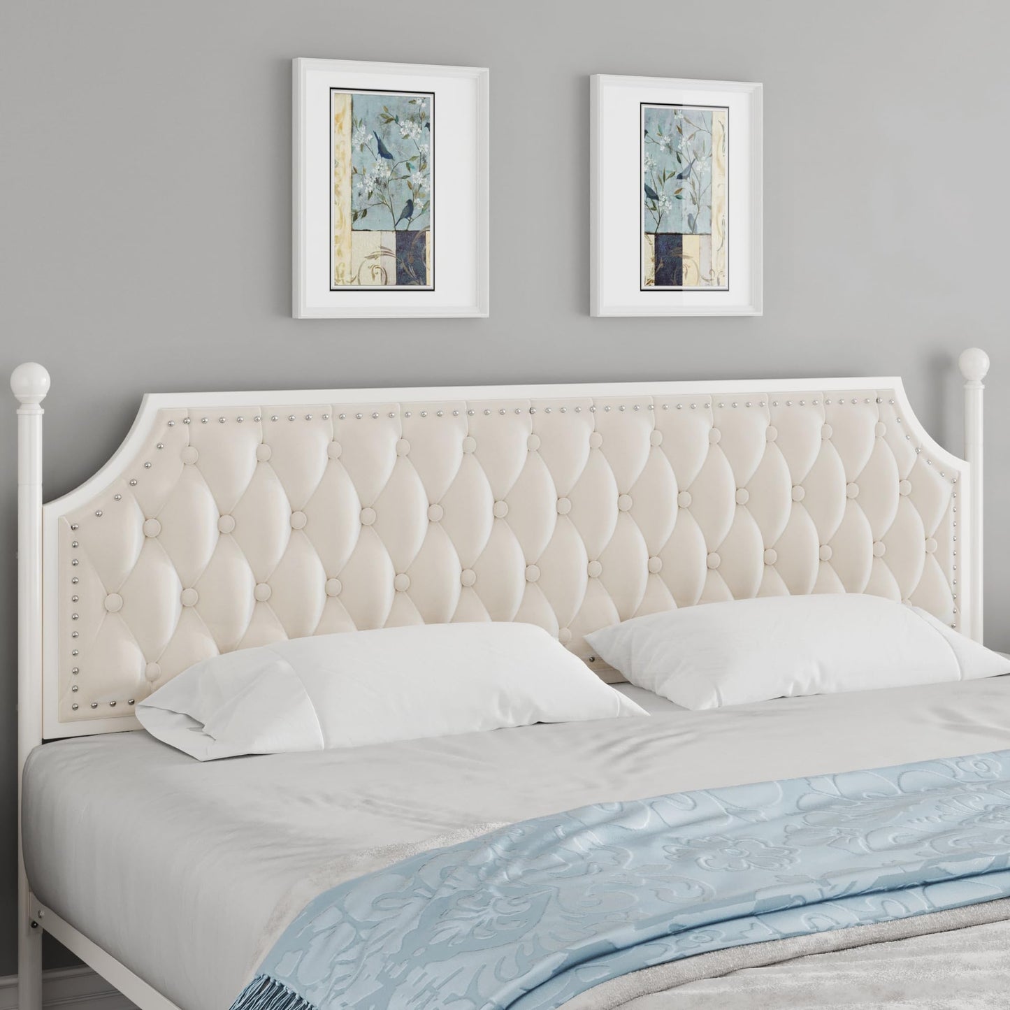 Keyluv Queen Upholstered Canopy Bed Frame with 2 Storage Drawers & Button Tufted Headboard, Metal Platform Bed with 4 Removable Posts, Two-Purpose Velvet Bed, Beige/Curtain Not Included