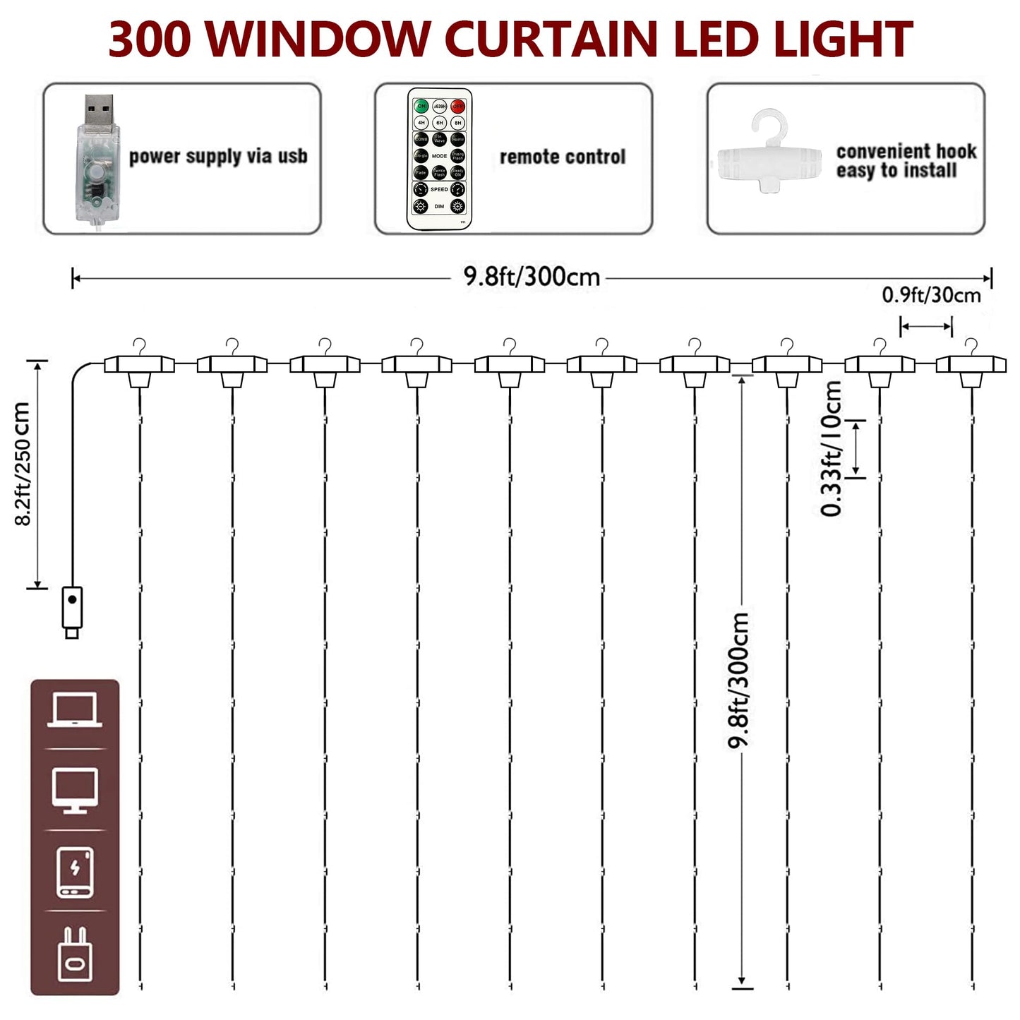 HOME LIGHTING Window Curtain String Lights, 300 LED 8 Lighting Modes Fairy Copper Light with Remote, USB Powered Waterproof for Christmas Bedroom Party Wedding Home Garden Wall Decorations, Cool White