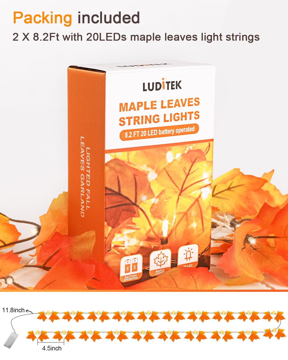 Fall Decor 2 Pack Lighted Fall Garland, Total 16.4ft 40 LED Thanksgiving Decorations Halloween String Lights, Friendsgiving Gift Thanksgiving Decor for Home Holiday Autumn Garland Indoor