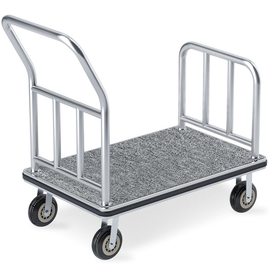 Hotel Luggage Cart, 900LBS Load Capacity Bellman's Cart with 8" Wheels, Brushed Stainless Steel Commercial Grade Hotel Luggage Trolley with Grey Carpeted Deck for Hotels (42''L x 25''W x 38''H)
