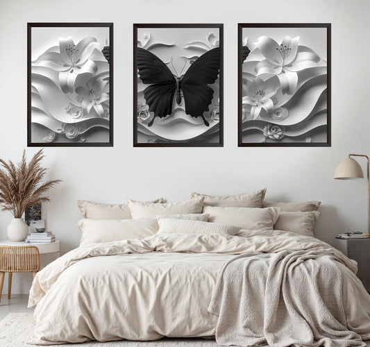 2D Black Butterfly Wall art set of 3 White Flowers Picture Canvas Art Modern Abstract Textured Florals Posters print Artwork for Living Room Bedroom Bathroom Decoration 12 * 18 in (Poster)
