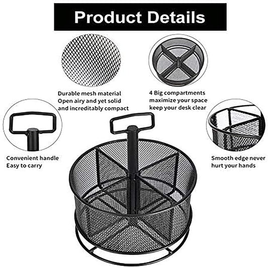 Marbrasse Mesh Desk Organizer, 360-Degree Rotating Multi-Functional Pen Holder, 4 Compartments Desktop Stationary Organizer, Home Office Art Supply Storage Box Caddy (Black)