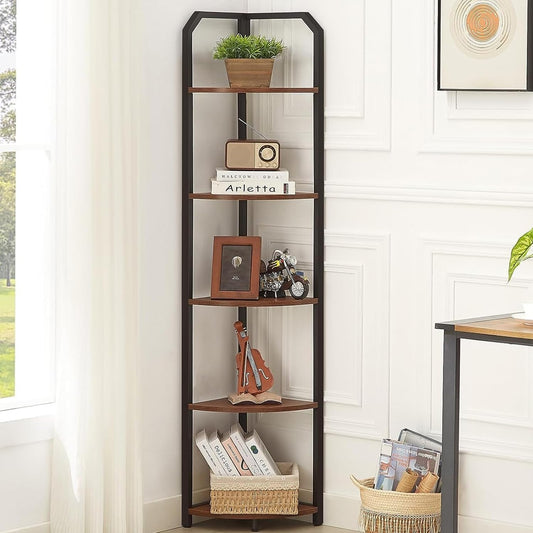 MNEETRUNG Corner Shelf, 5-Tier Industrial Corner Bookshelf, Freestanding Corner Shelf Stand with Metal Frame, Open Corner Plant Stand for Small Space, Home Office, Living Room, Bedroom, Brown
