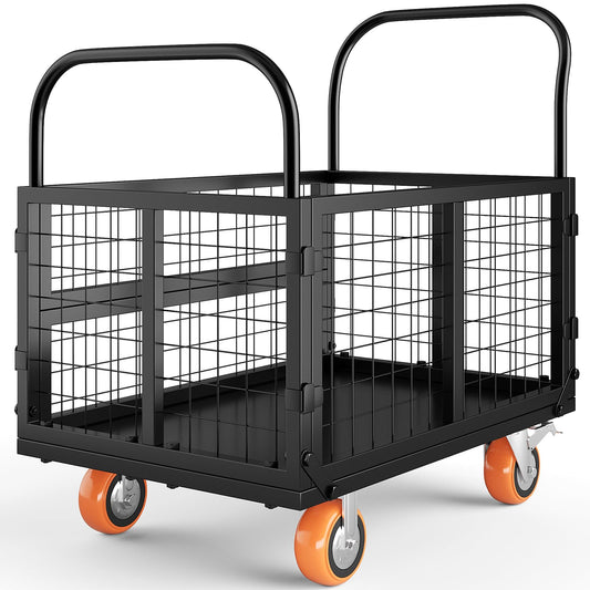 Platform Truck Cart with Cage, Multipurpose 6 in1 Foldable Flatbed Cart Heavy Duty Push Cart Dolly w/Swivel Wheels 1800Lbs Capacity Utility Hand Cart for Grocery, Laundry, Garage, Warehouse