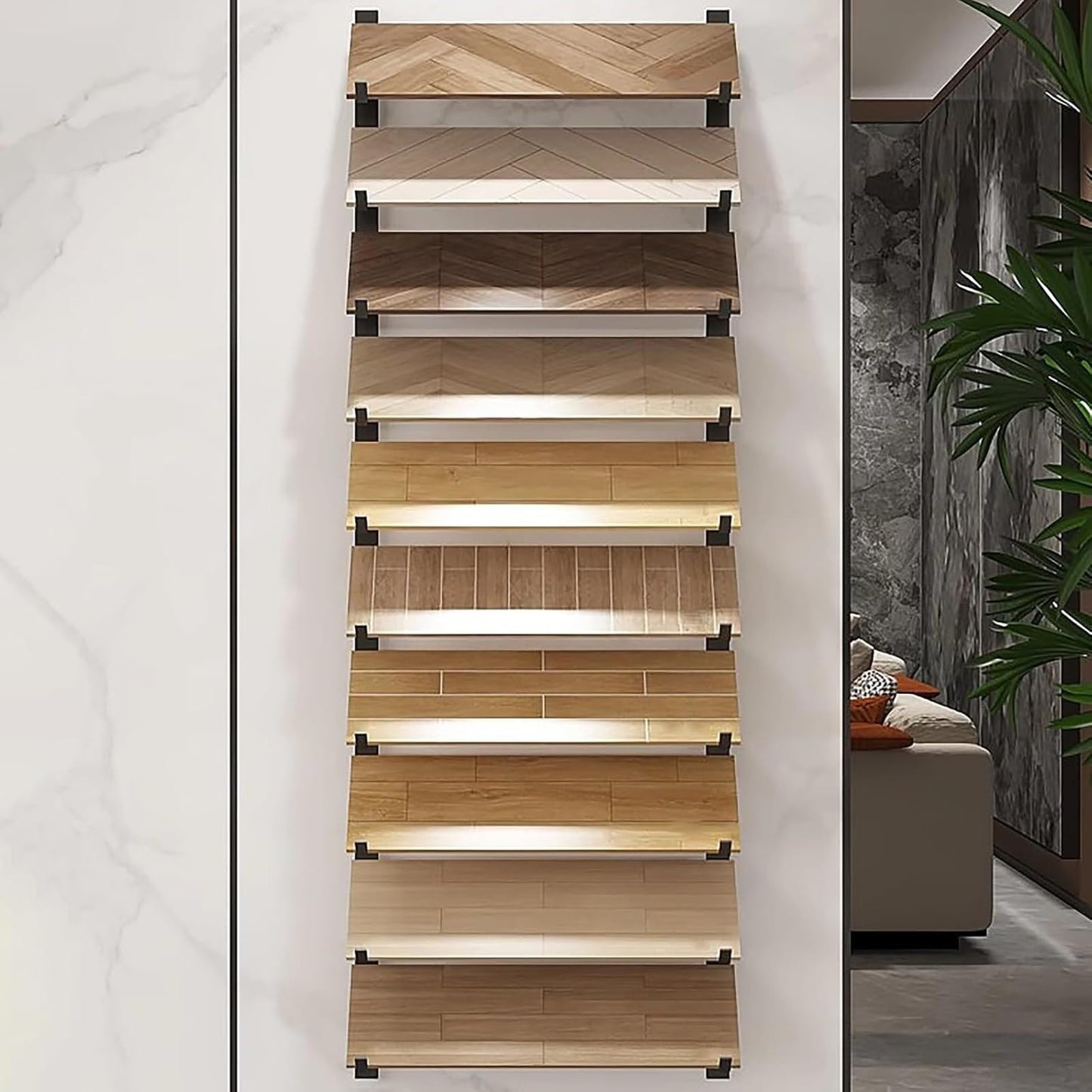 Floor Tile Sample Rack,Heavy Duty Wall-Mounted Tile Display Stand, Large Wooden Ceramic Sample Rack, 10.5x140cm Black Floating Shelf - Perfect for Showrooms, Retail, and Home Decor